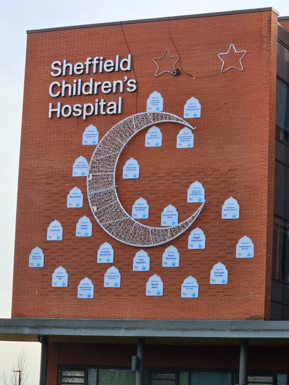 Sheffield children’s hospital has been lit up with a moon and stars display to mark the month of Ramadan